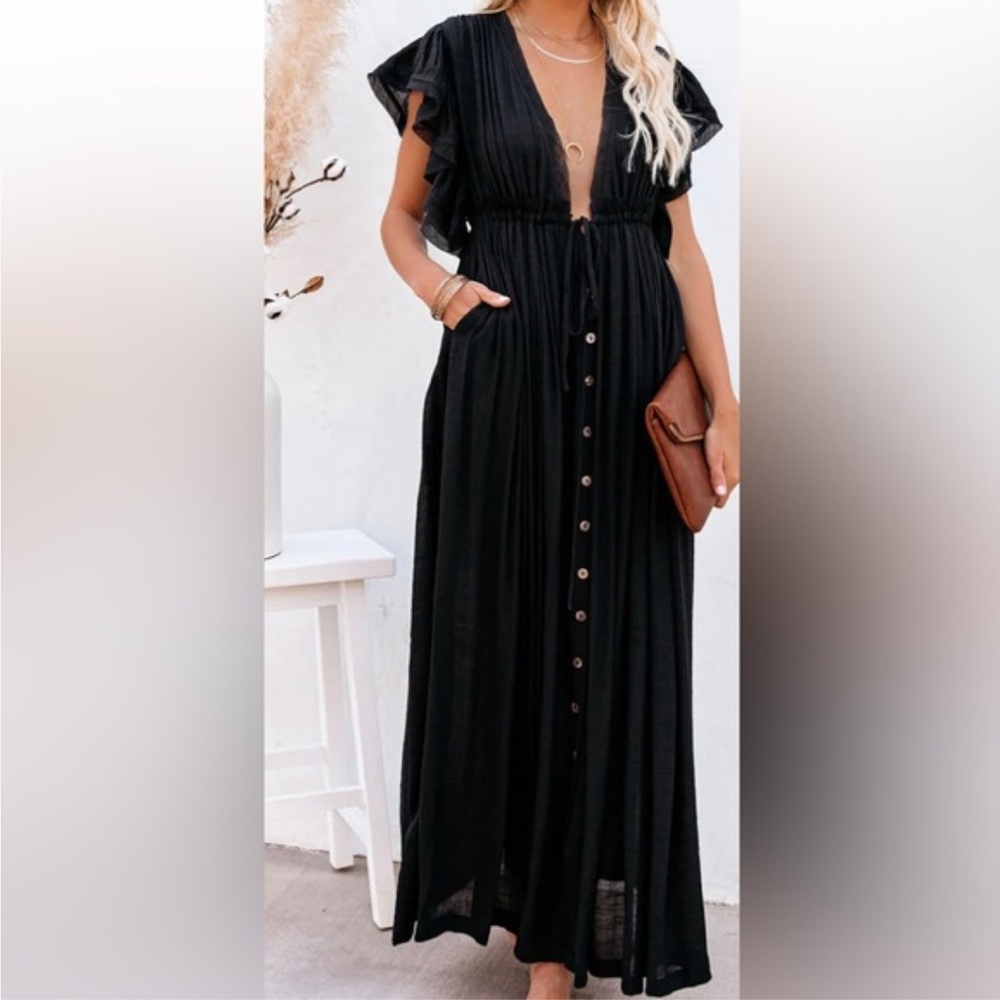 VICI Anika Pocketed Button Down Ruffle Maxi Dress
